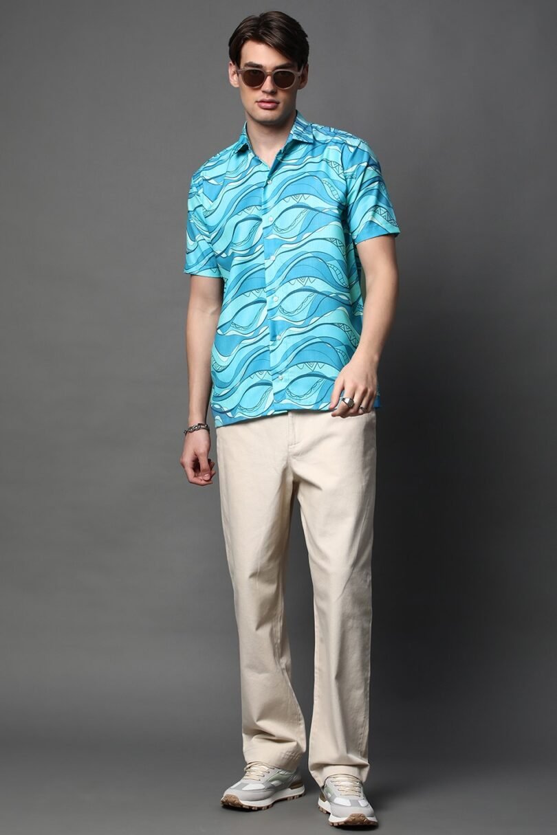 Light Blue Crepe Abstract Shirt for Women - Casual Wear | Just Casual