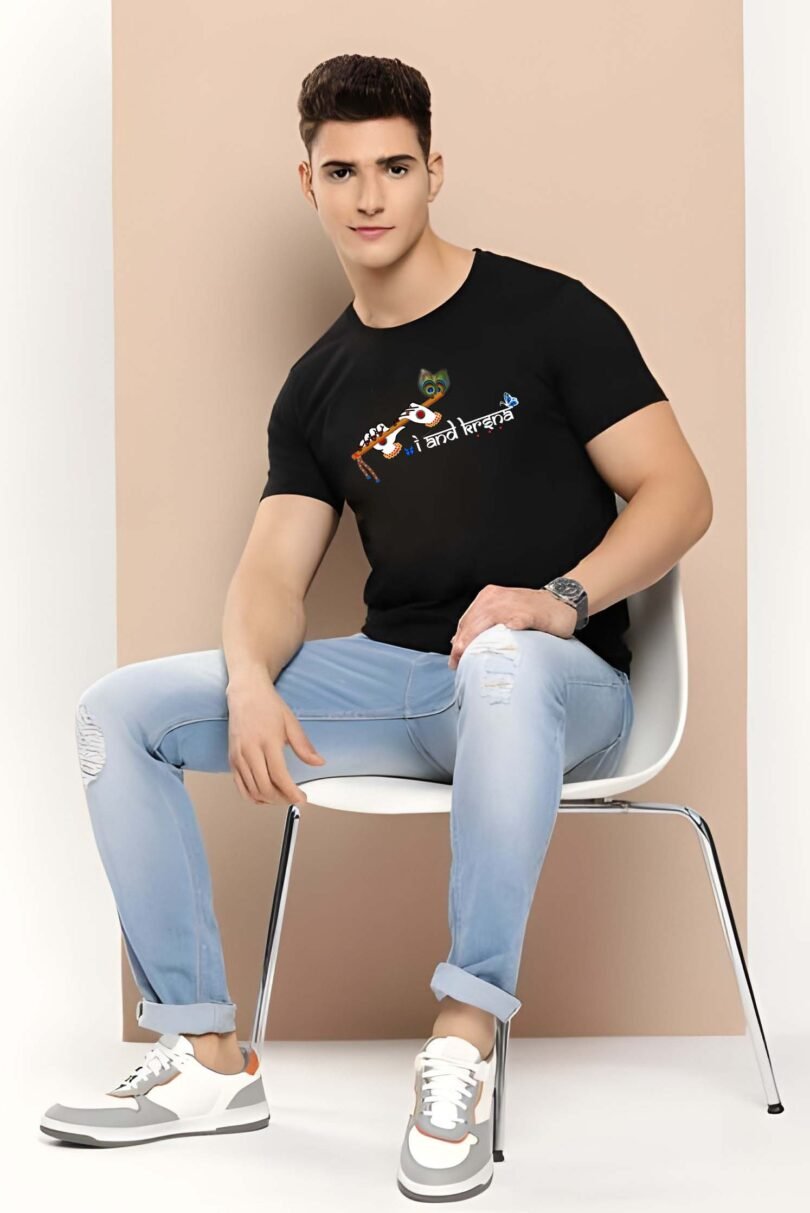 Black Graphic Print Cotton Regular T-Shirt for Men Casual Wear by Just Casual