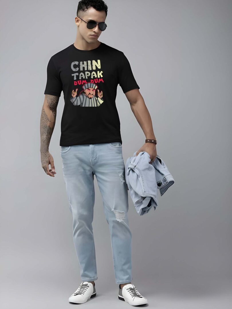 Black Graphic Print Cotton Regular T-Shirt for Men Casual Wear by Just Casual