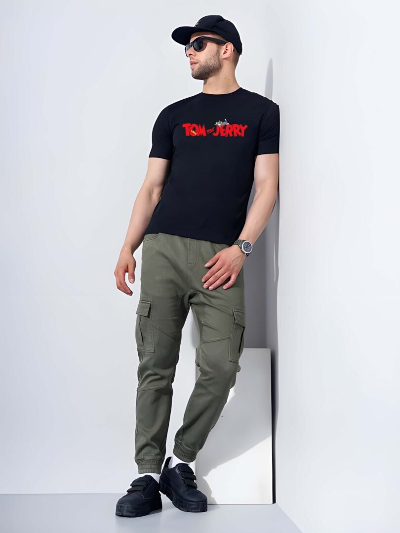 Black Graphic Print Cotton Regular T-Shirt for Men Casual Wear by Just Casual
