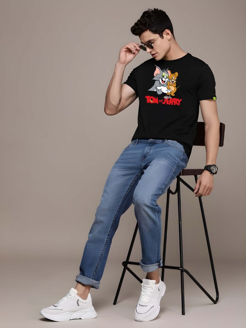 Black Graphic Print Cotton Regular T-Shirt for Men Casual Wear by Just Casual