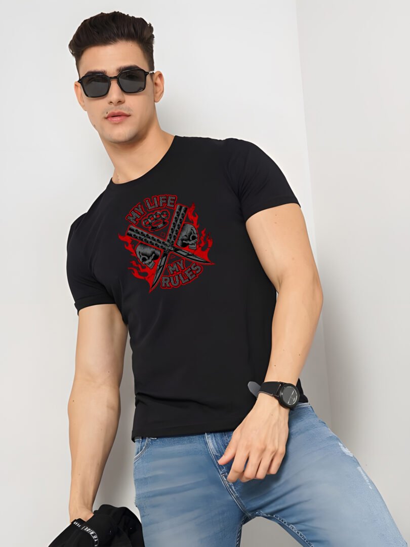 Black Graphic Print Cotton Regular T-Shirt for Men Casual Wear by Just Casual - Image 4