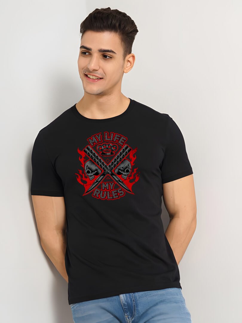 Black Graphic Print Cotton Regular T-Shirt for Men Casual Wear by Just Casual
