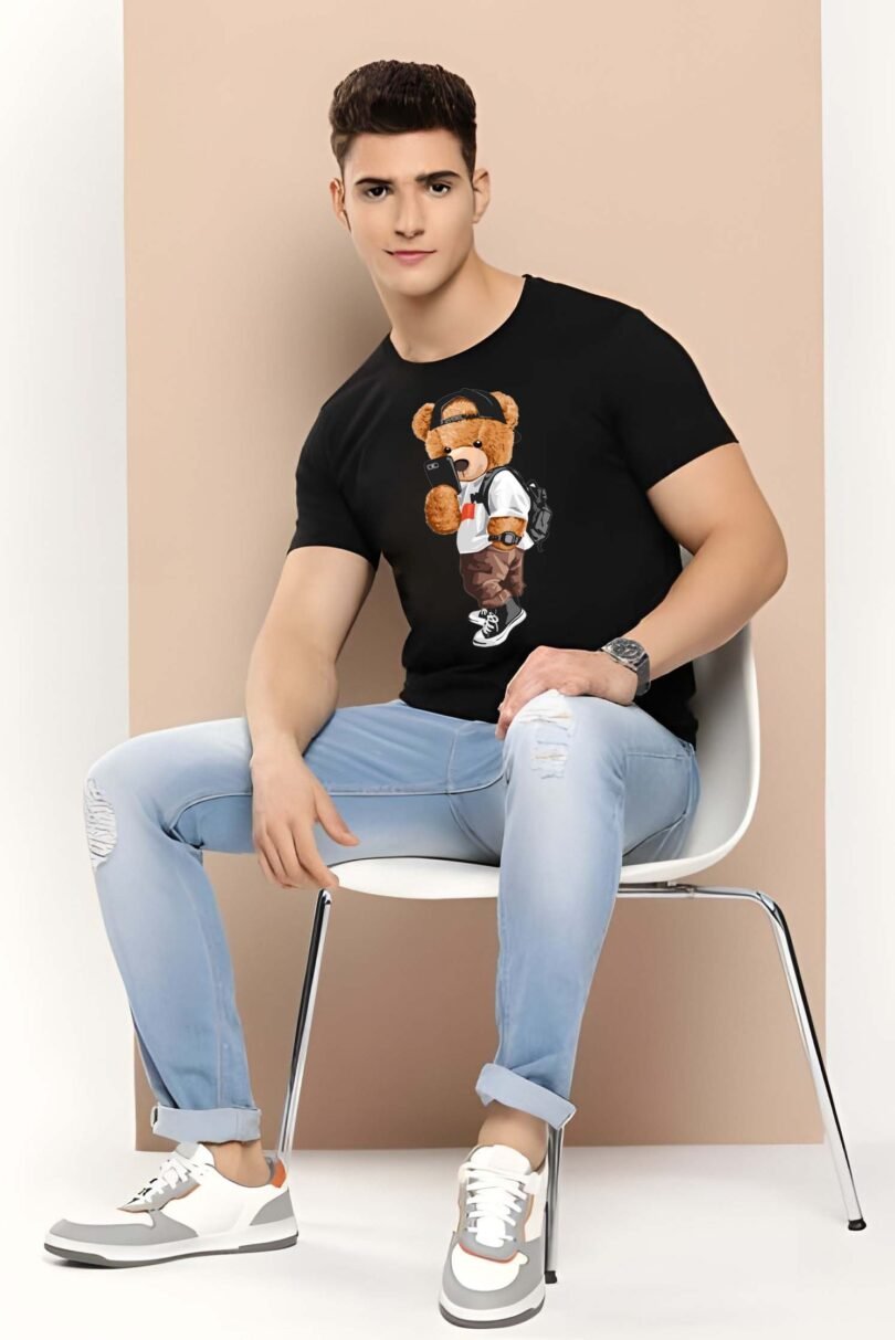 Black Graphic Print Cotton Regular T-Shirt for Men Casual Wear by Just Casual