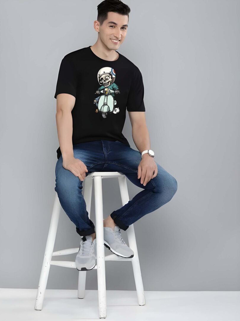 Black Graphic Print Cotton Regular T-Shirt for Men Casual Wear by Just Casual