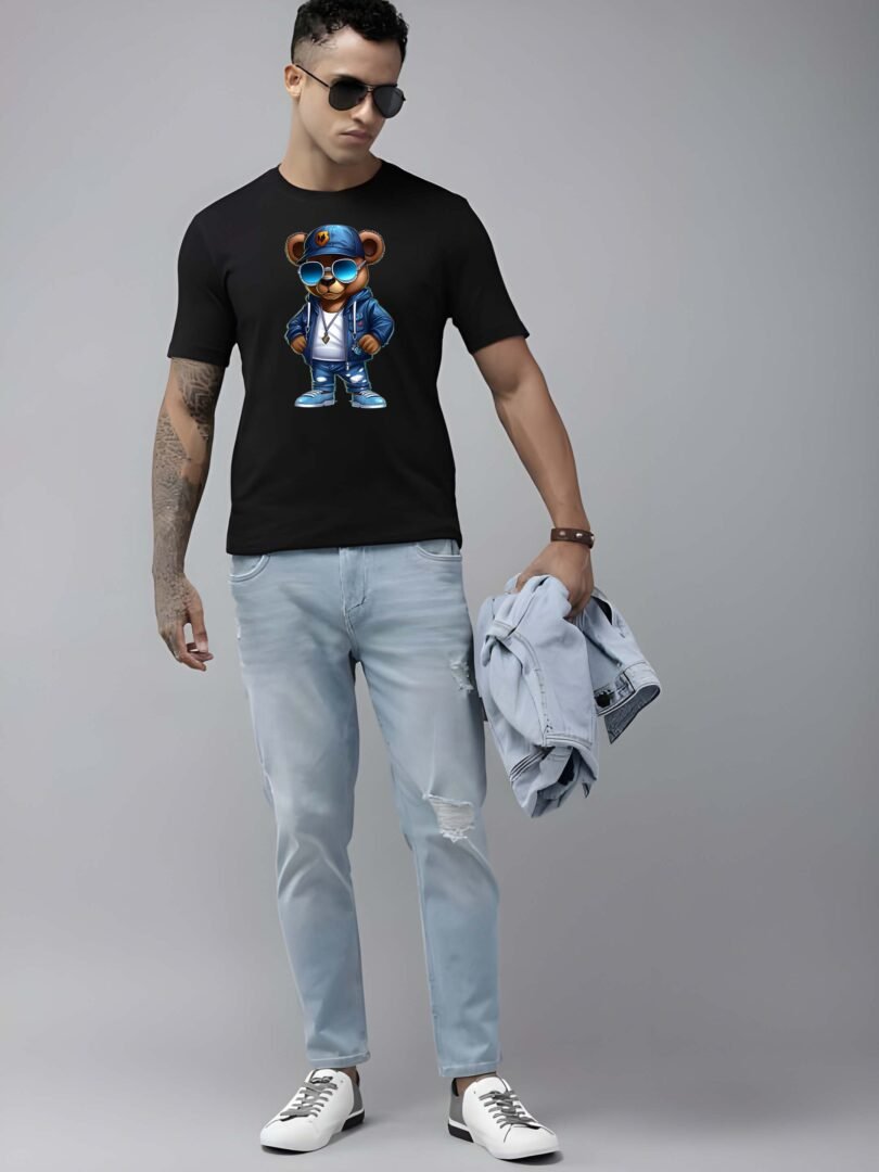Black Graphic Print Cotton Regular T-Shirt for Men Casual Wear by Just Casual