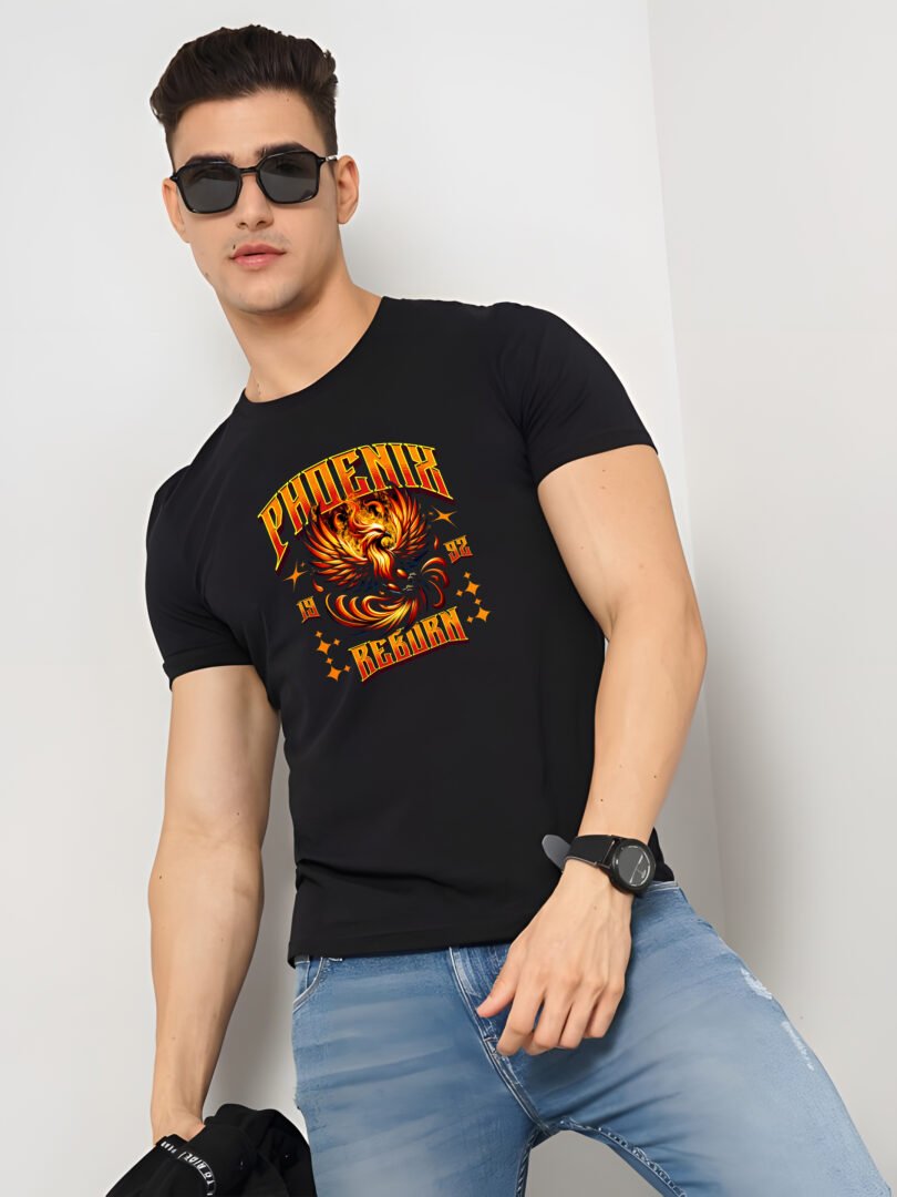 Black Graphic Print Cotton Regular T-Shirt for Men Casual Wear by Just Casual