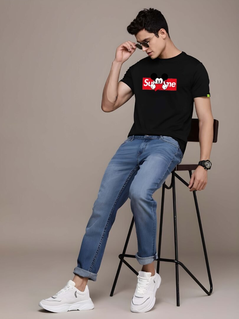 Black Graphic Print Cotton Regular T-Shirt for Men Casual Wear by Just Casual