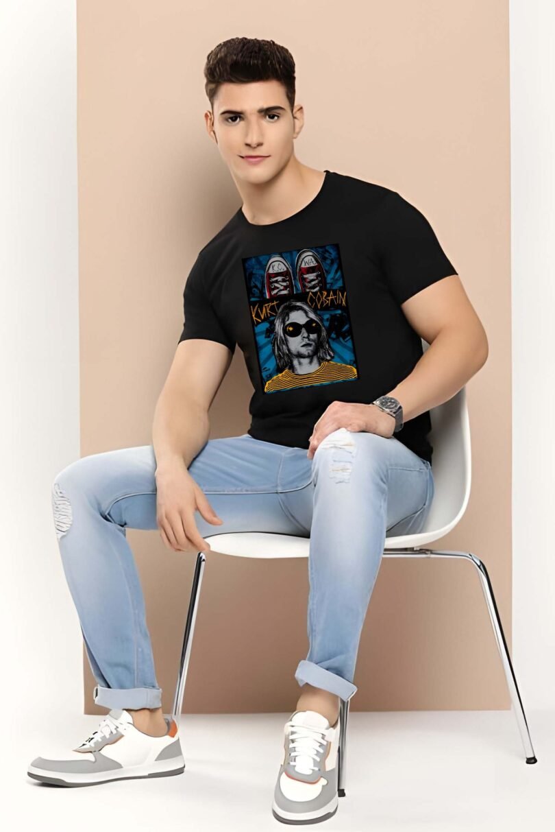 Black Graphic Print Cotton Regular T-Shirt for Men Casual Wear by Just Casual