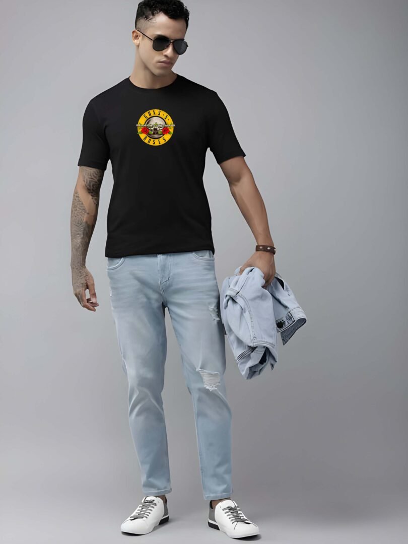 Black Graphic Print Cotton Regular T-Shirt for Men Casual Wear by Just Casual