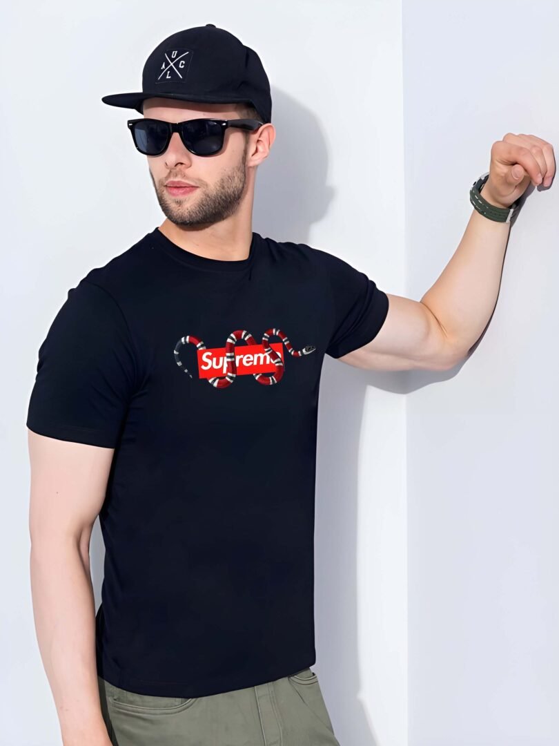 Black Graphic Print Cotton Regular T-Shirt for Men Casual Wear by Just Casual - Image 4