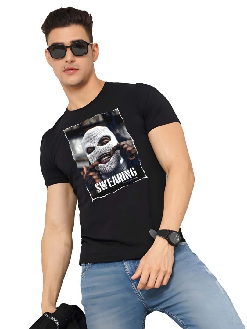 Black Graphic Print Cotton Regular T-Shirt for Men Casual Wear by Just Casual