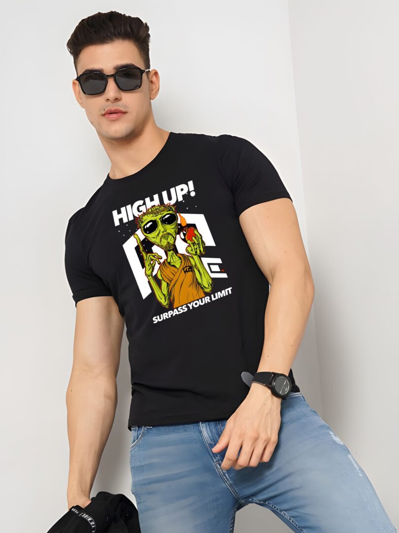 Black Graphic Print Cotton Regular T-Shirt for Men Casual Wear by Just Casual