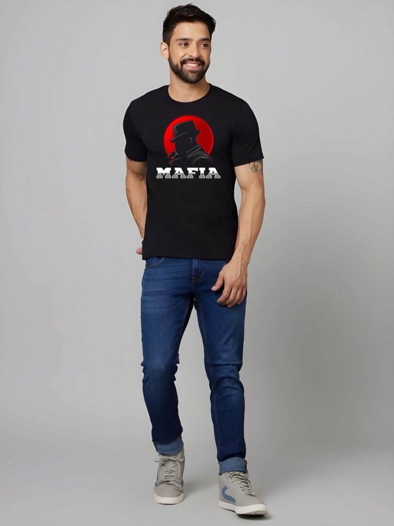 Black Graphic Print Cotton Regular T-Shirt for Men Casual Wear by Just Casual