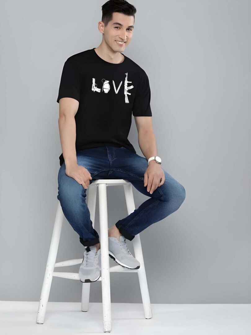 Black Graphic Print Cotton Regular T-Shirt for Men Casual Wear by Just Casual