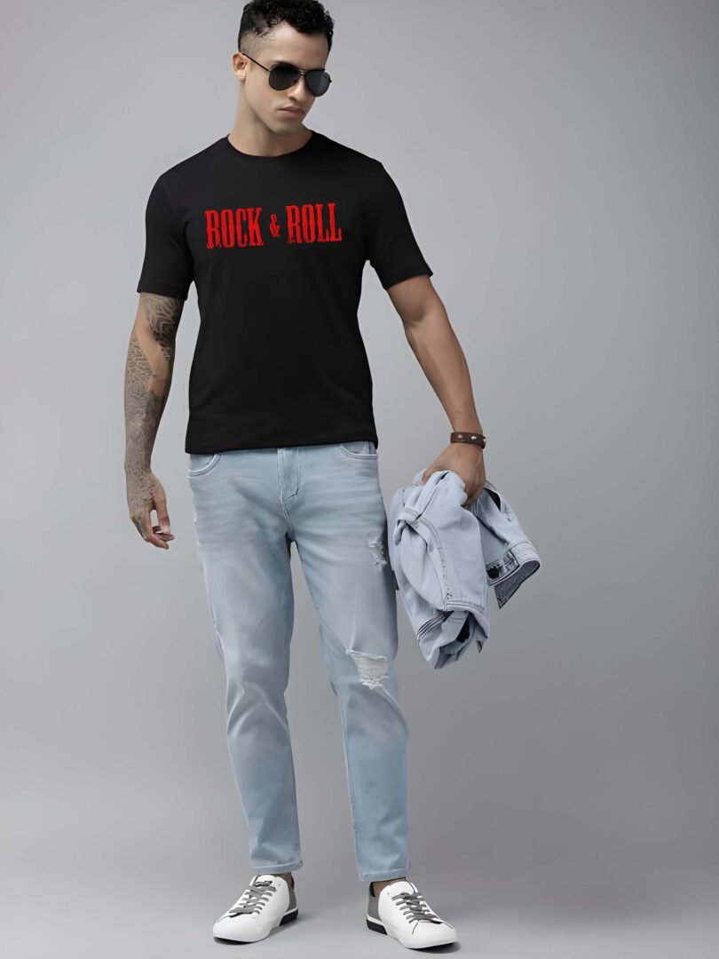 Black Graphic Print Cotton Regular T-Shirt for Men Casual Wear by Just Casual