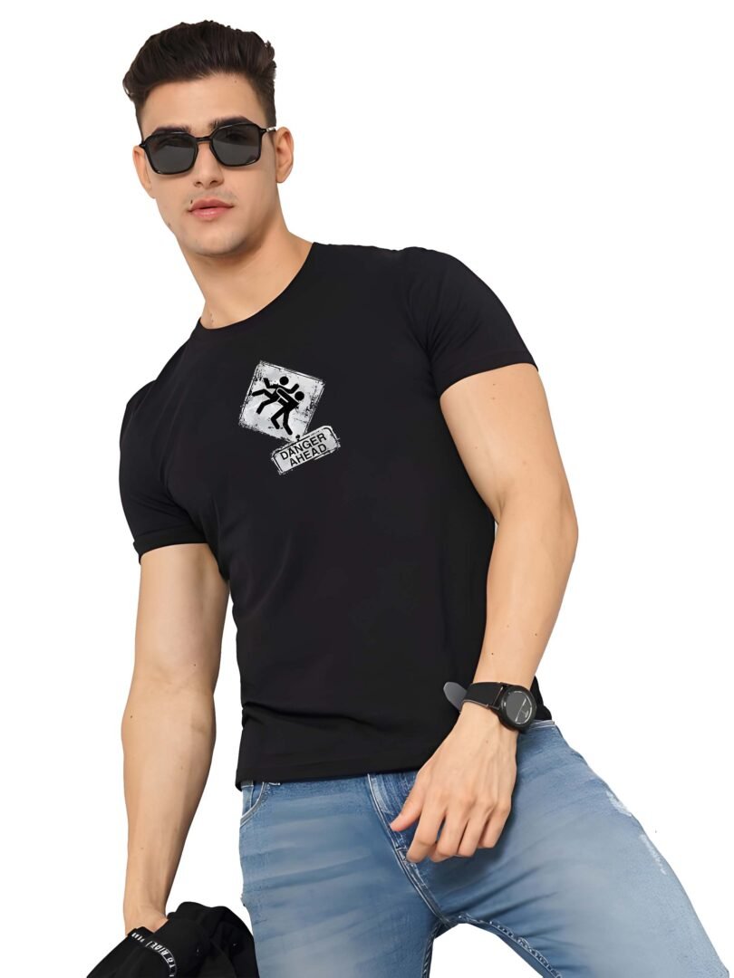 Black Graphic Print Cotton Regular T-Shirt for Men Casual Wear by Just Casual