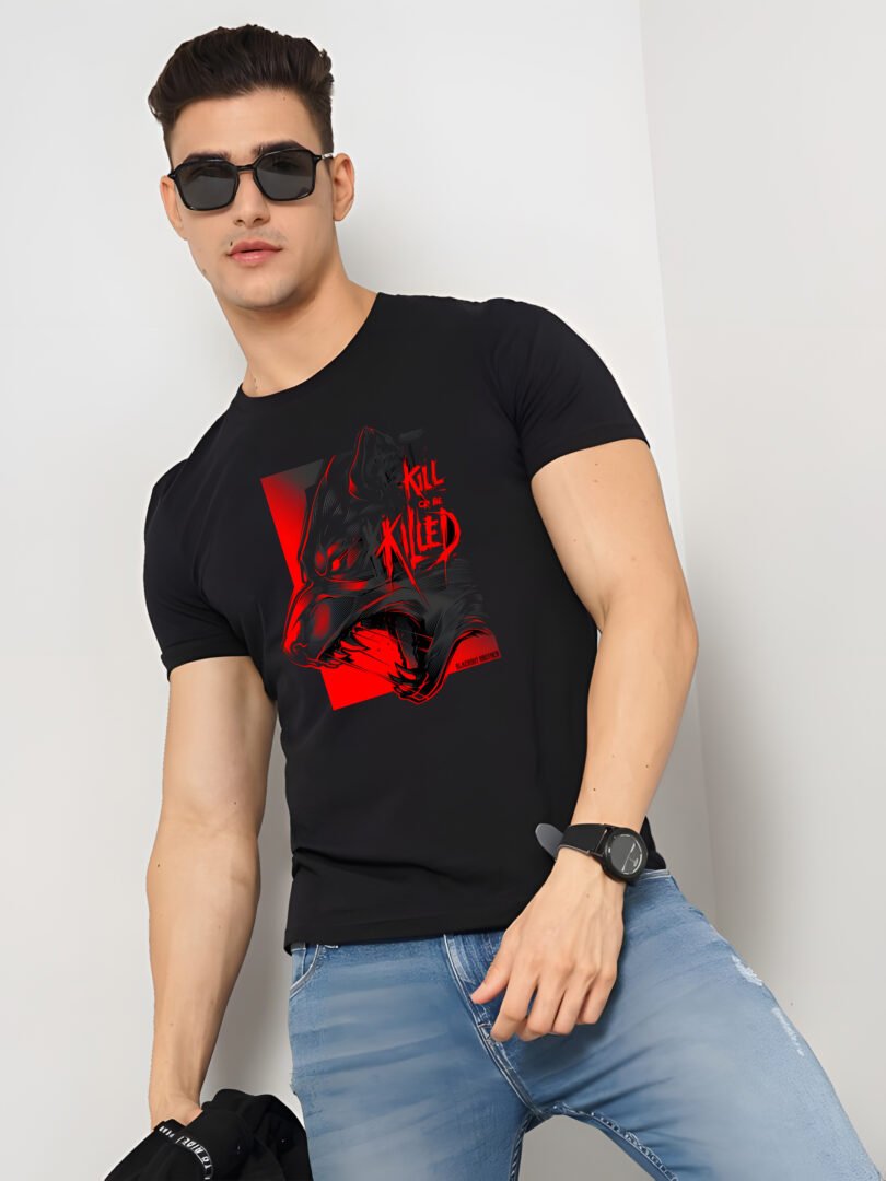 Black Graphic Print Cotton Regular T-Shirt for Men Casual Wear by Just Casual
