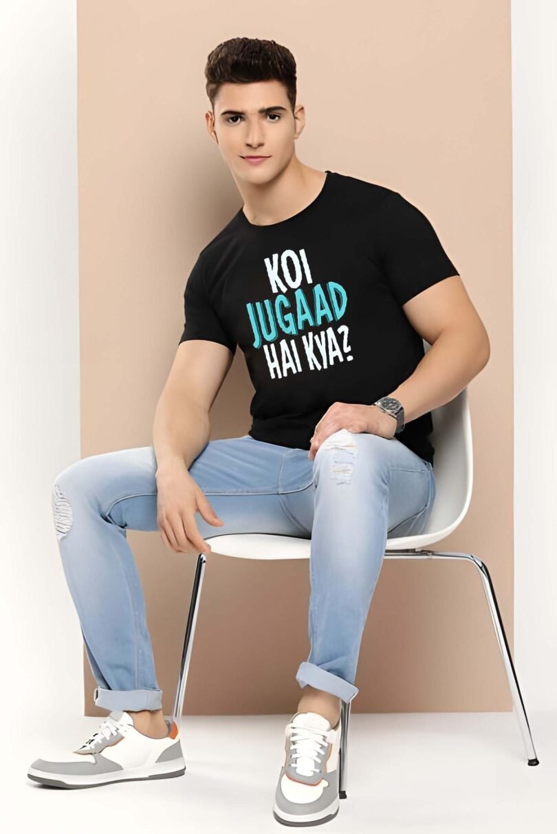 Black Graphic Print Cotton Regular T-Shirt for Men Casual Wear by Just Casual