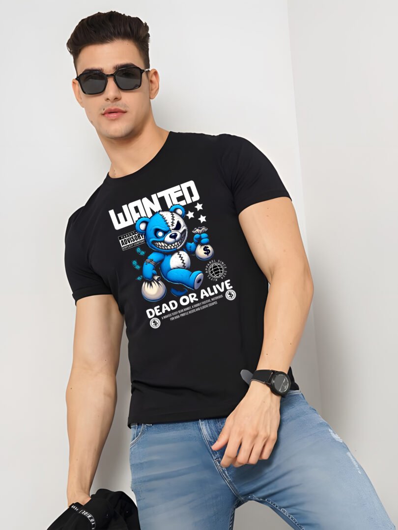 Black Graphic Print Cotton Regular T-Shirt for Men Casual Wear by Just Casual