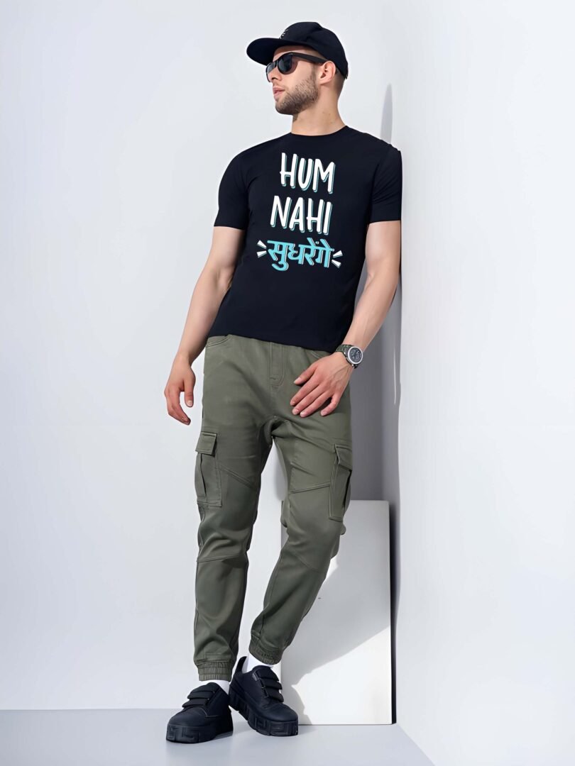 Black Graphic Print Cotton Regular T-Shirt for Men  Casual Wear by Just Casual