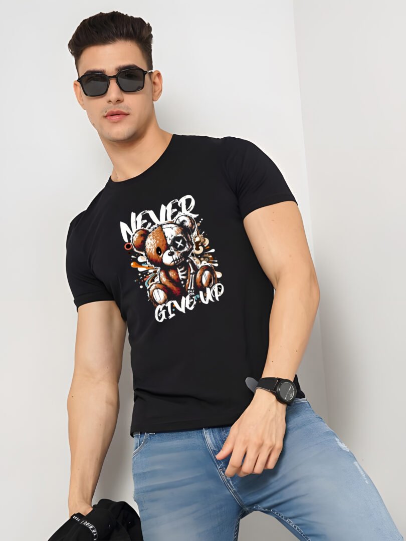 Black Graphic Print Cotton Regular T-Shirt for Men Casual Wear by Just Casual