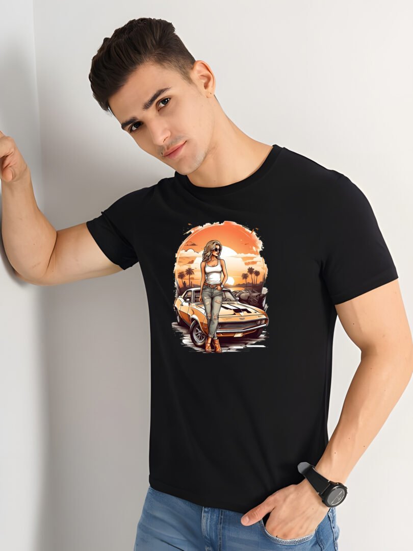 Black Graphic Print Cotton Regular T-Shirt for Men Casual Wear by Just Casual