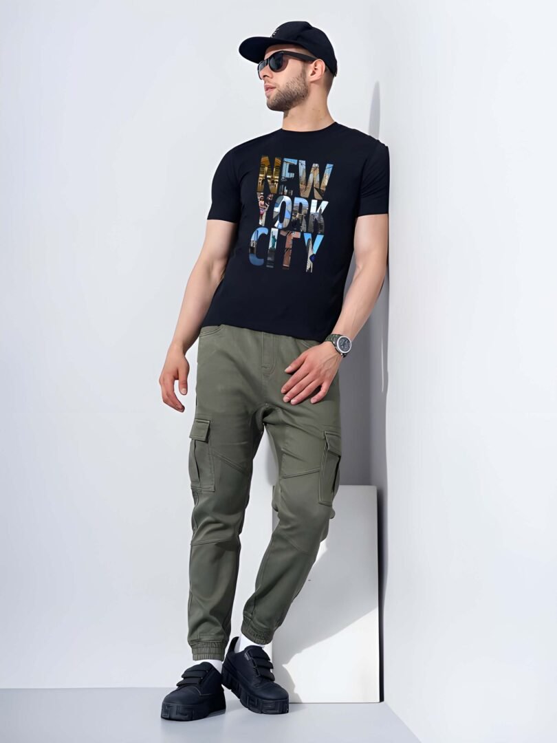 Black Graphic Print Cotton Regular T-Shirt for Men Casual Wear by Just Casual