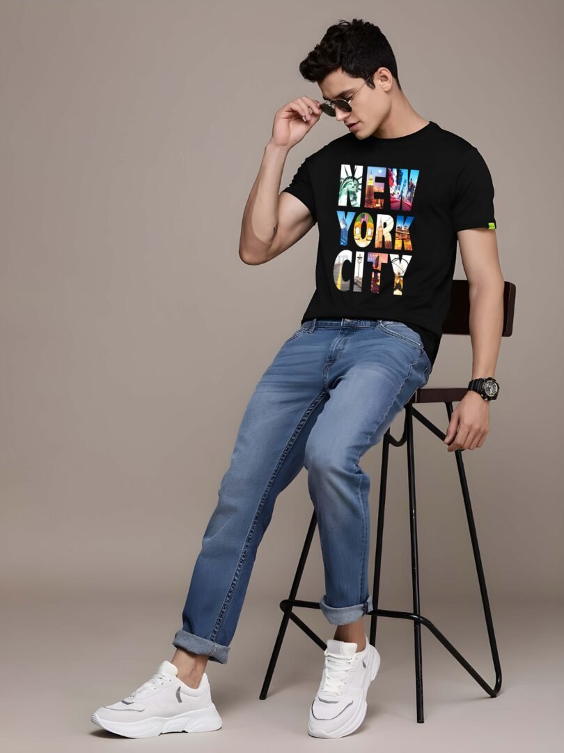 Black Graphic Print Cotton Regular T-Shirt for Men Casual Wear by Just Casual