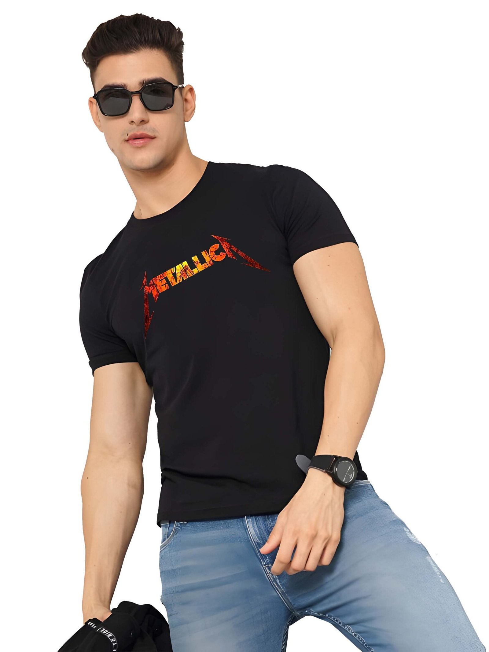 Black Graphic Print Cotton Regular T-Shirt for Men Casual Wear by Just Casual