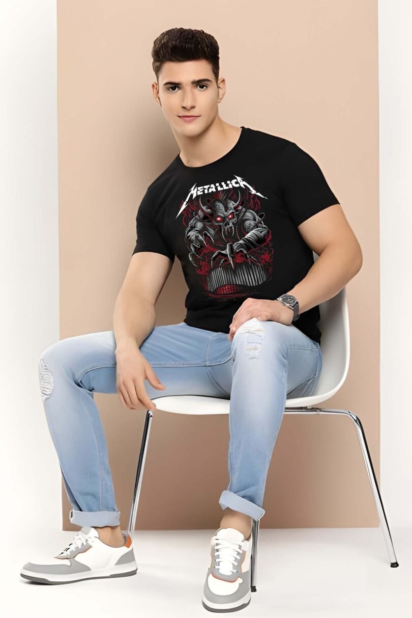 Black Graphic Print Cotton Regular T-Shirt for Men Casual Wear by Just Casual
