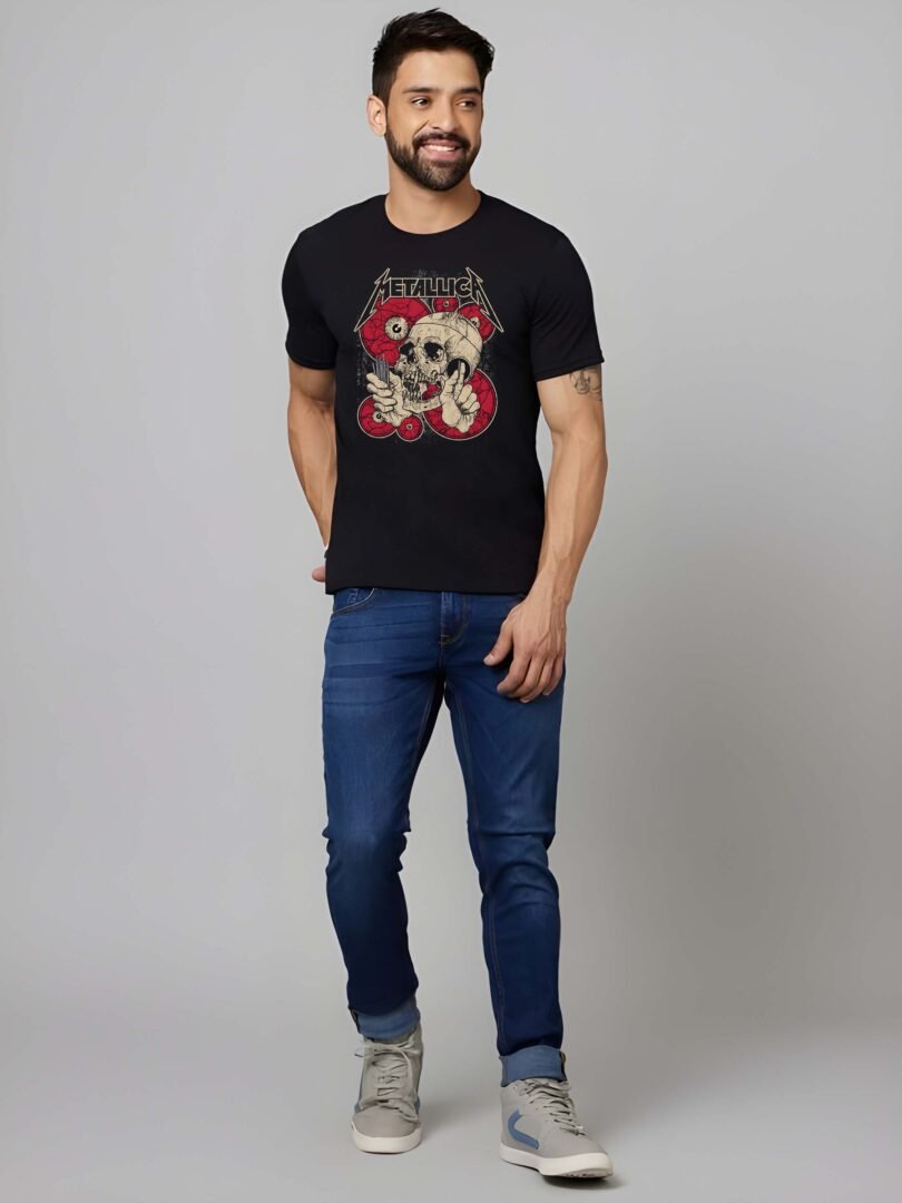 Black Graphic Print Cotton Regular T-Shirt for Men Casual Wear by Just Casual