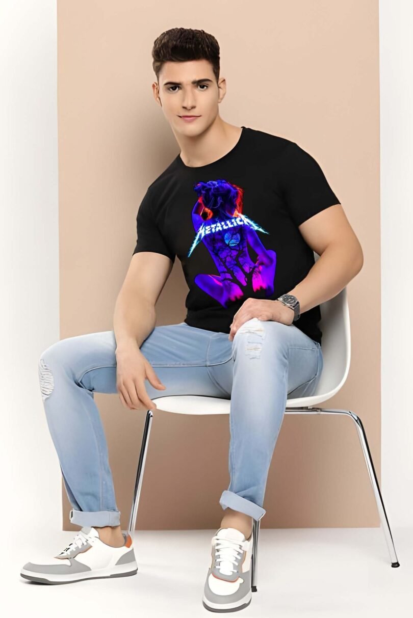 Black Graphic Print Cotton Regular T-Shirt for Men Casual Wear by Just Casual
