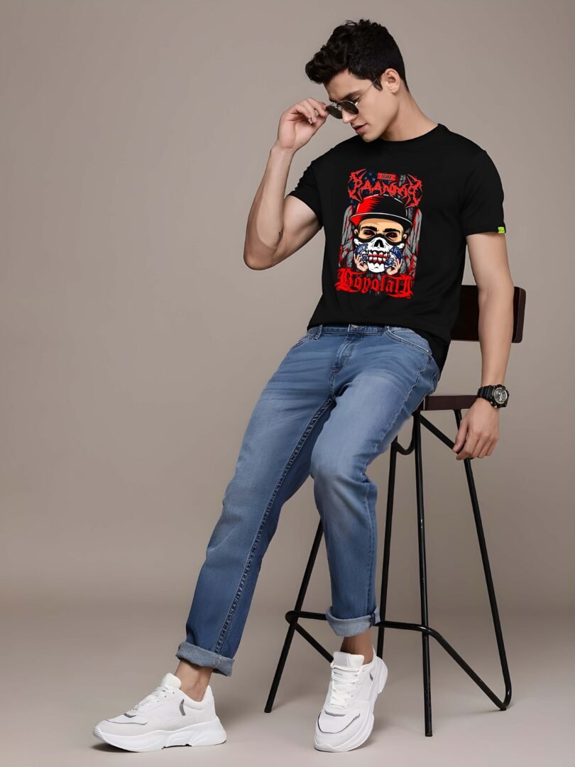 Black Graphic Print Cotton Regular T-Shirt for Men Casual Wear by Just Casual