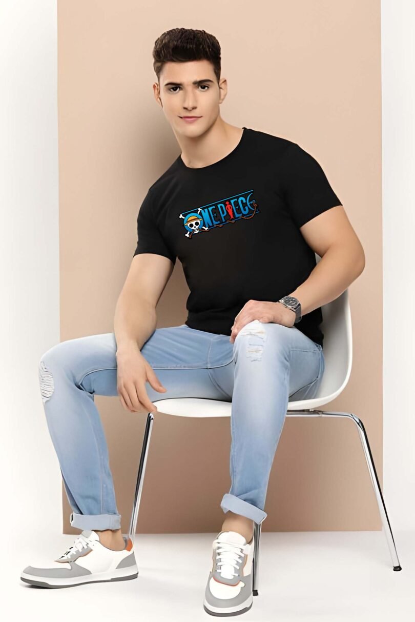 Black Graphic Print Cotton Regular T-Shirt for Men Casual Wear by Just Casual