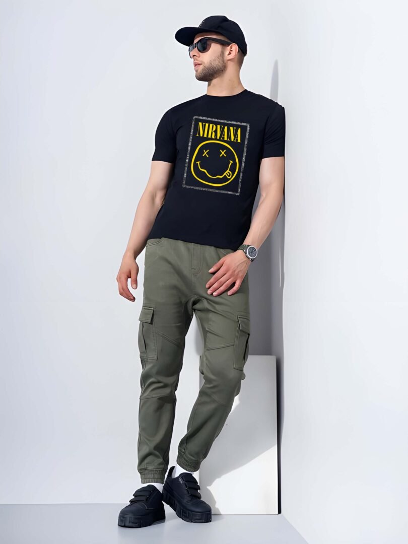 Black Graphic Print Cotton Regular T-Shirt for Men Casual Wear by Just Casual