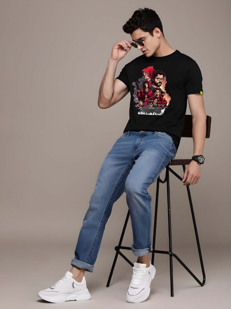 Black Graphic Print Cotton Regular T-Shirt for Men Casual Wear by Just Casual