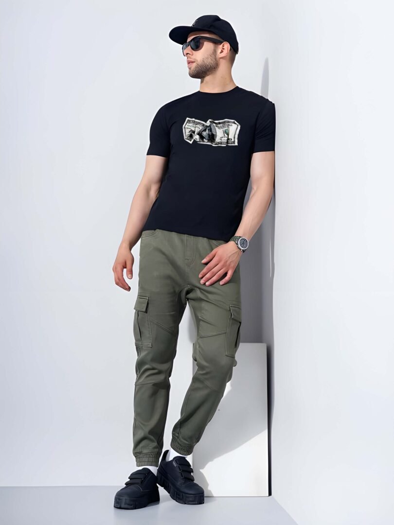 Black Graphic Print Cotton Regular T-Shirt for Men Casual Wear by Just Casual