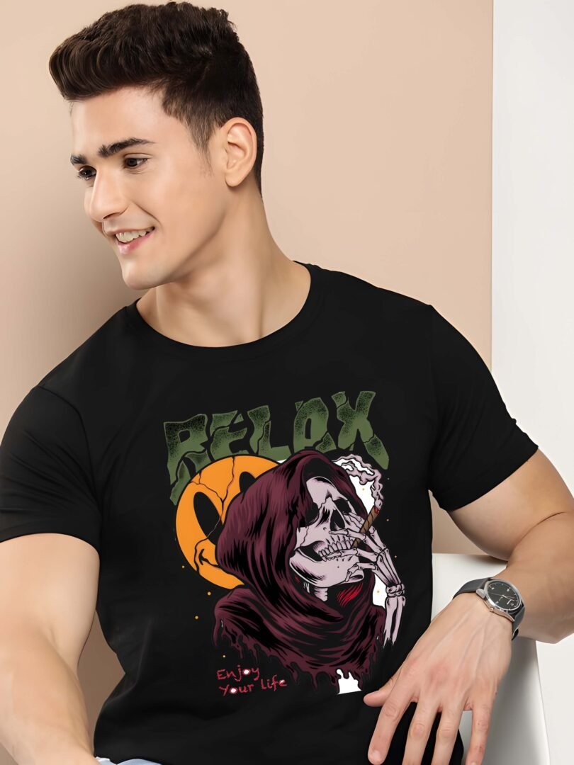 Black Graphic Print Cotton Regular T-Shirt for Men Casual Wear by Just Casual - Image 3