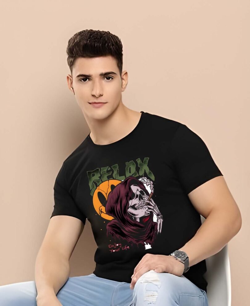 Black Graphic Print Cotton Regular T-Shirt for Men Casual Wear by Just Casual - Image 2
