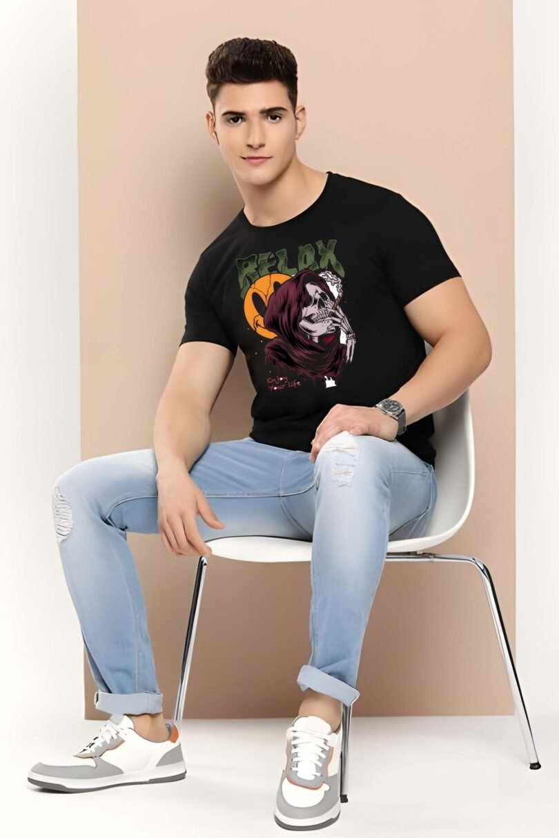 Black Graphic Print Cotton Regular T-Shirt for Men Casual Wear by Just Casual