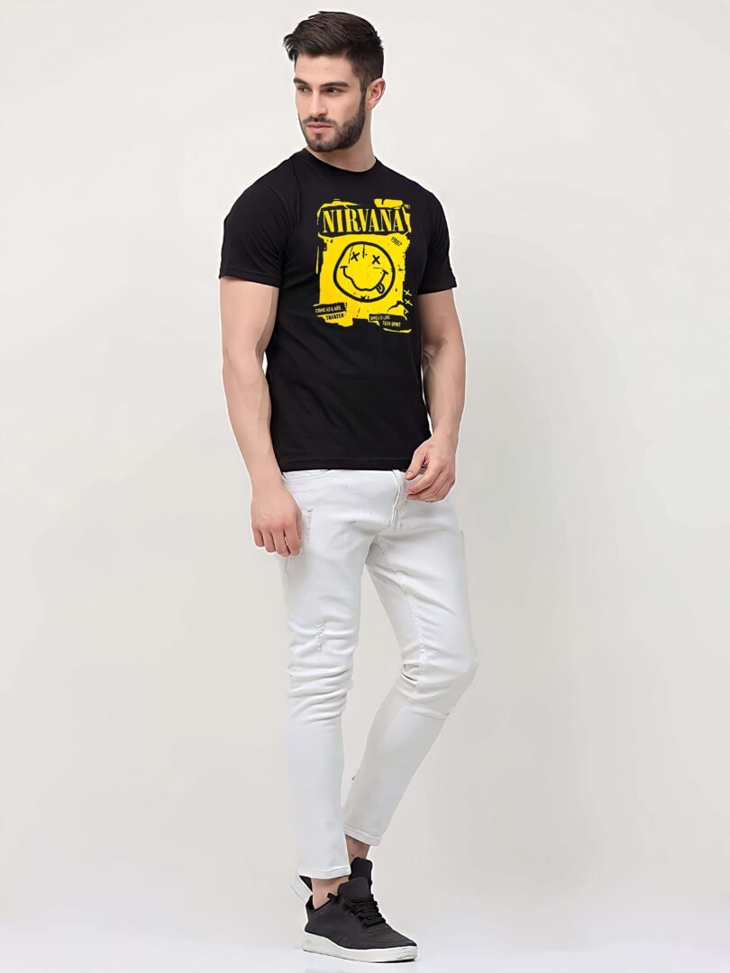 Black Graphic Print Cotton Regular T-Shirt for Men Casual Wear by Just Casual