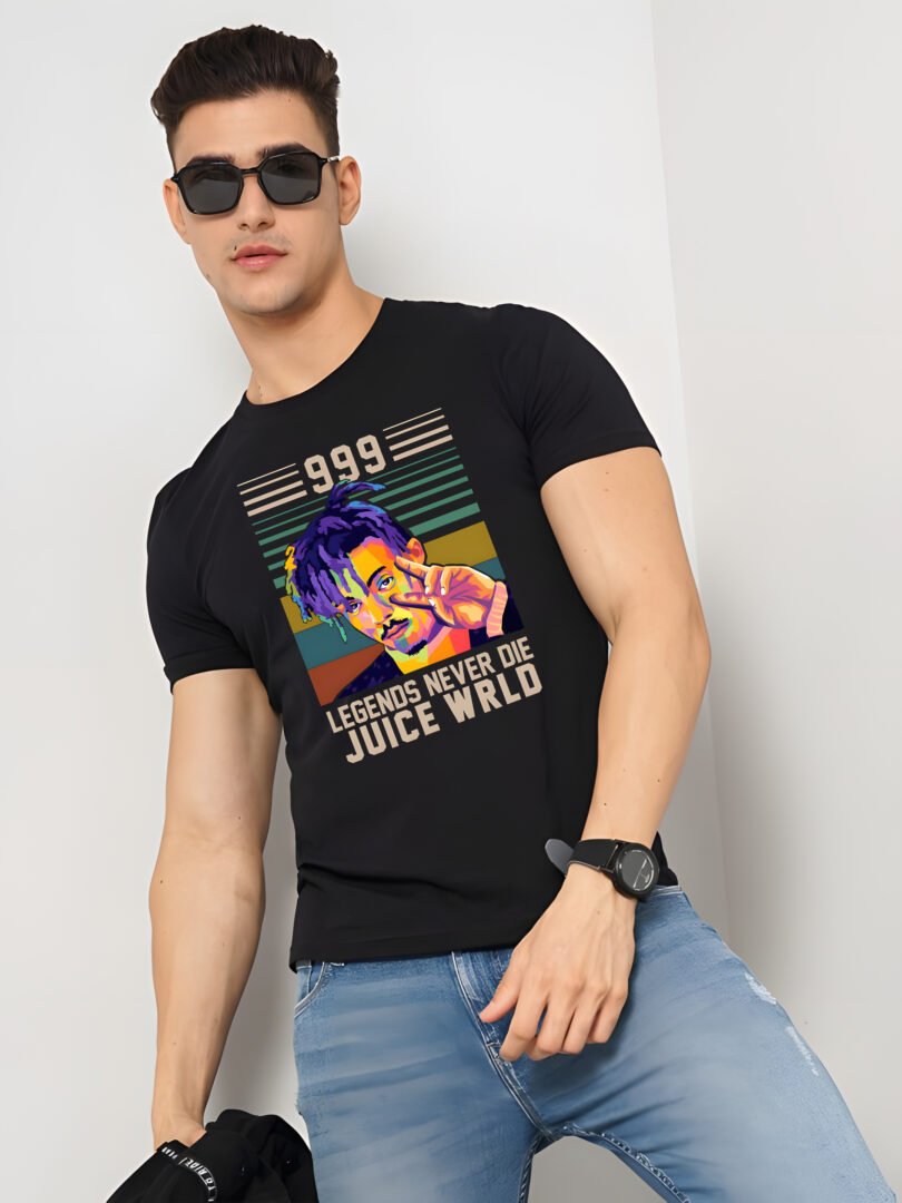 Black Graphic Print Cotton Regular T-Shirt for Men Casual Wear by Just Casual
