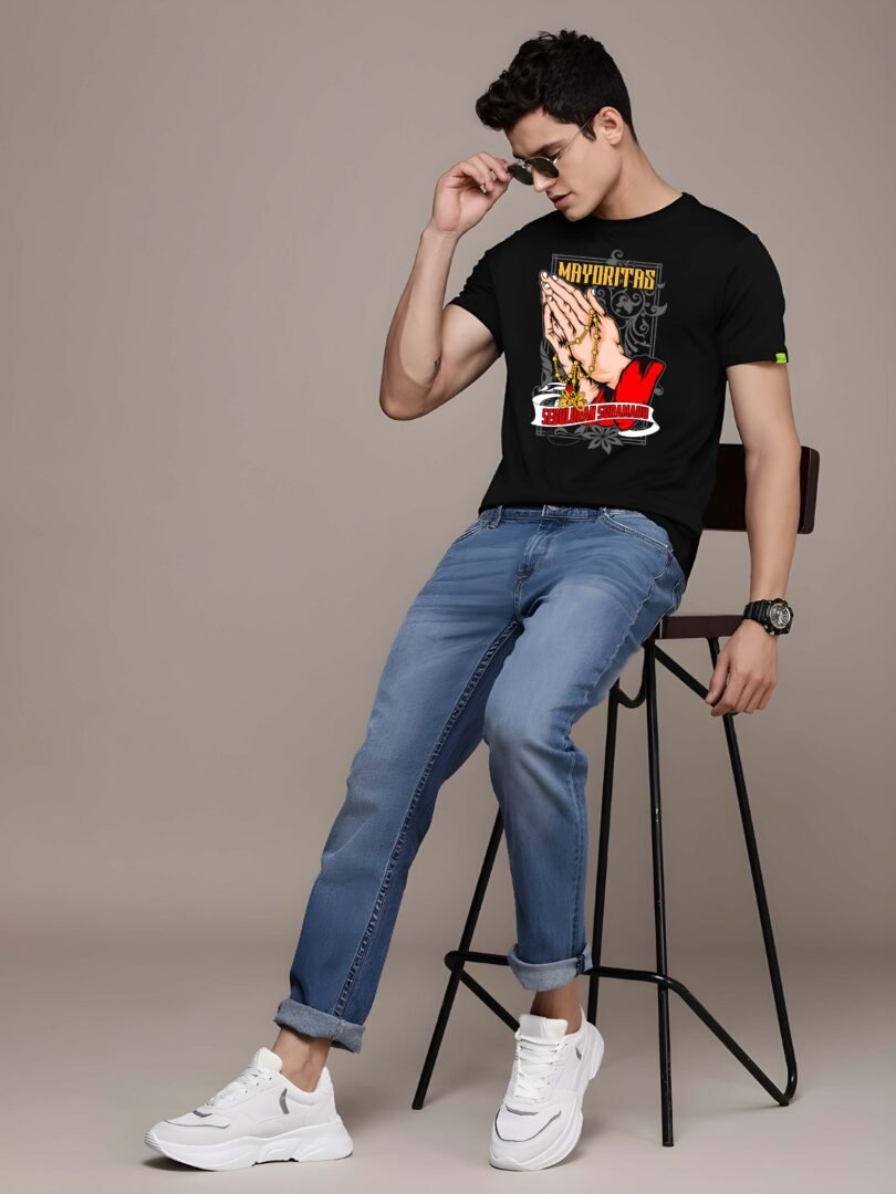 Black Graphic Print Cotton Regular T-Shirt for Men Casual Wear by Just Casual