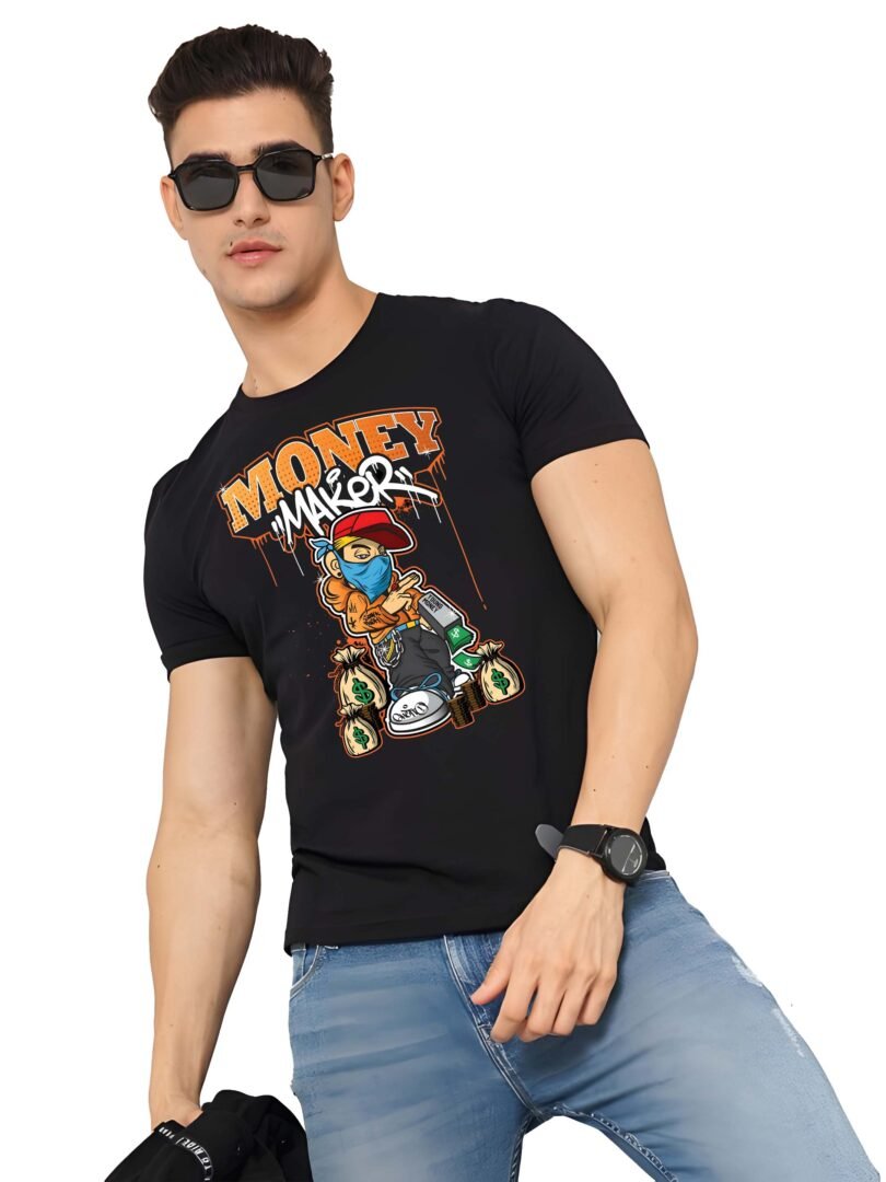 Black Graphic Print Cotton Regular T-Shirt for Men Casual Wear by Just Casual