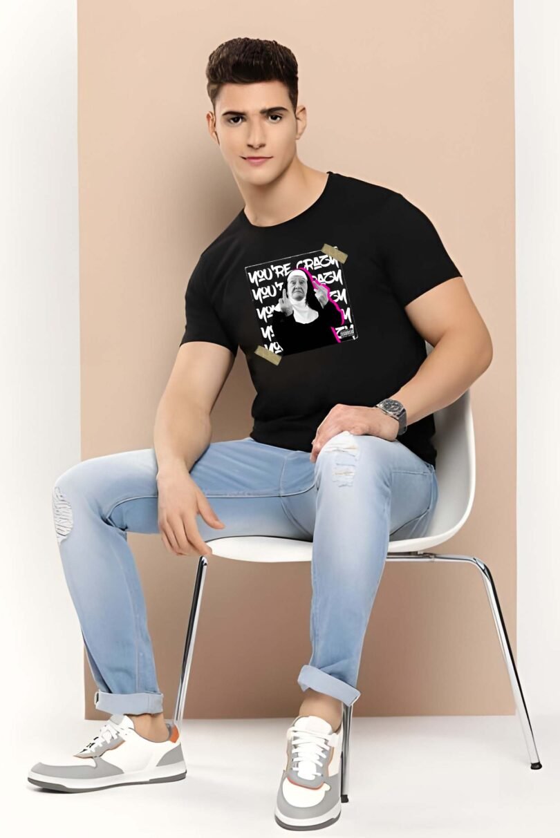 Black Graphic Print Cotton Regular T-Shirt for Men Casual Wear by Just Casual
