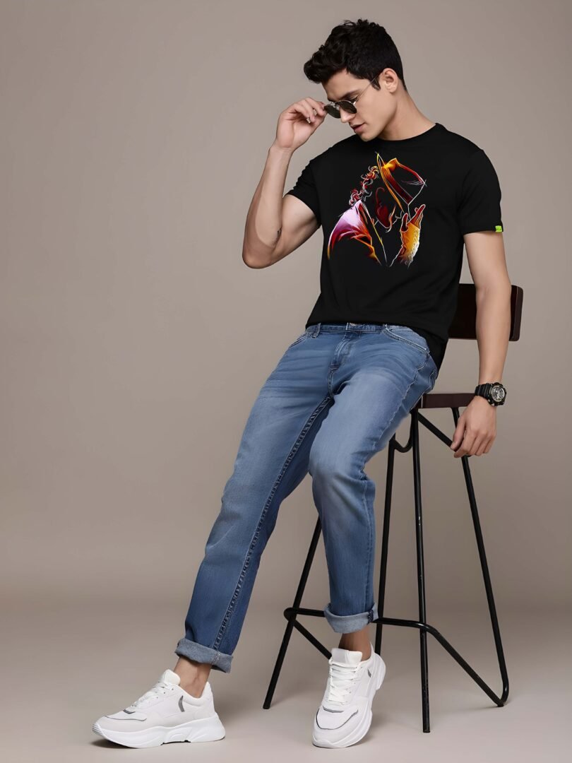 Black Graphic Print Cotton Regular T-Shirt for Men Casual Wear by Just Casual