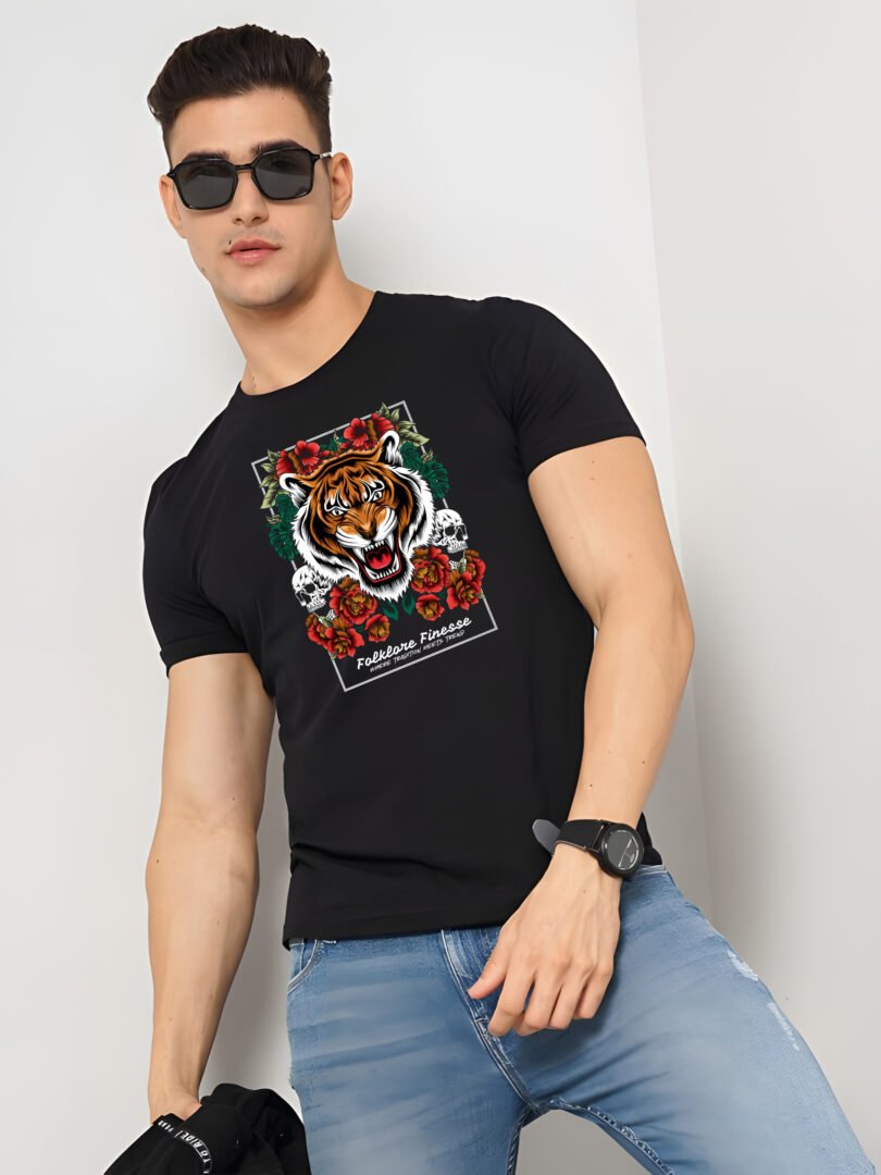 Black Graphic Print Cotton Regular T-Shirt for Men Casual Wear by Just Casual - Image 4