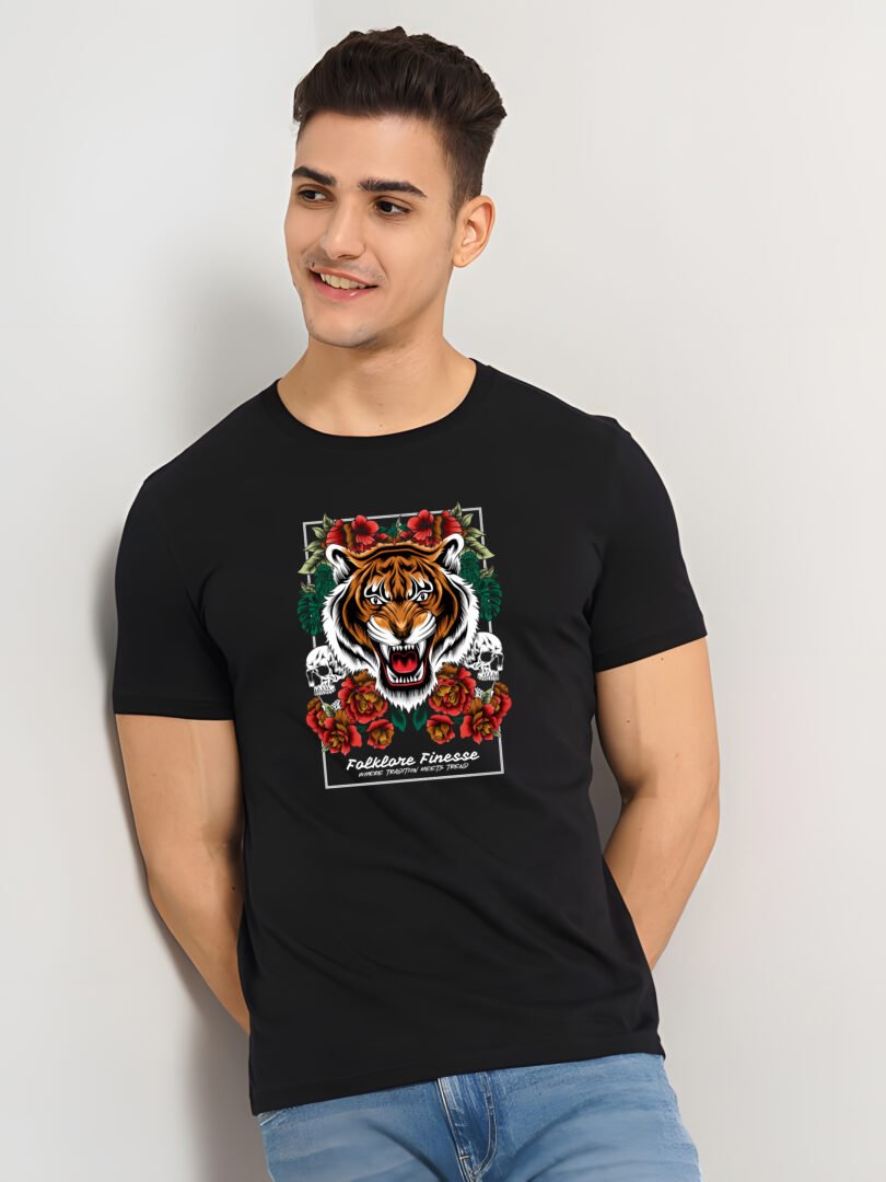 Black Graphic Print Cotton Regular T-Shirt for Men Casual Wear by Just Casual