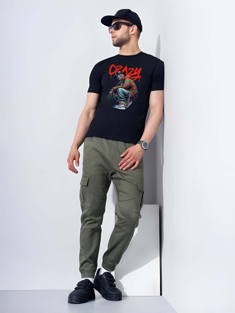 Black Graphic Print Cotton Regular T-Shirt for Men Casual Wear by Just Casual